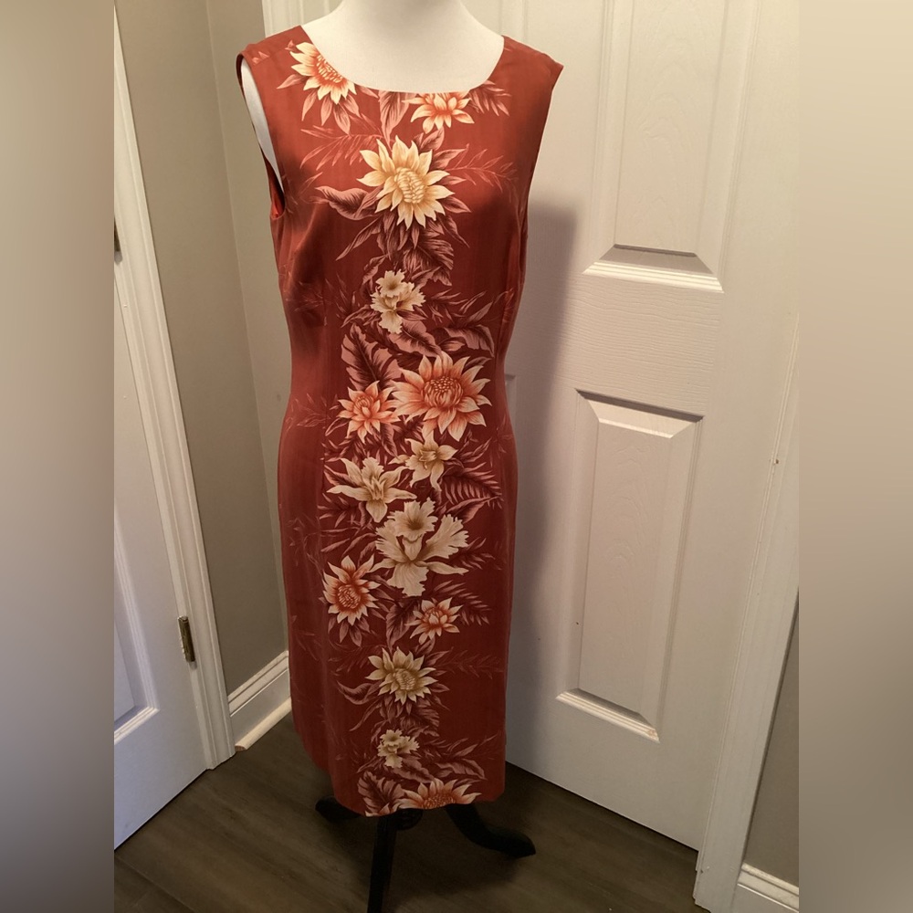 Tommy Bahama Size 8 Silk Burnt Orange Floral Sheath Dress Knee Length